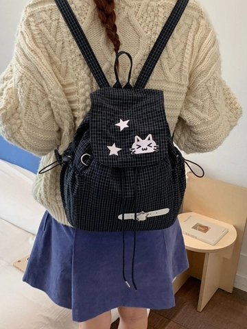 Koreanischer Stil Kordelzug Karo Rucksack Damen Große Kapazität Leicht Nylon Katze Stern Stickerei Student Reise Tasche