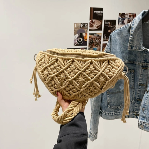 Women Fashion Handwoven Macrame Crossbody Bag Bohemian Cotton Rope Hollow Out Shoulder Bag With Tassels Casual Half Moon Bag