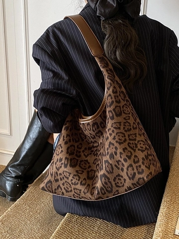 Vintage Leopard Print Large Capacity Tote Bag For Women Fashion PU Hobo Shoulder Bag For Shopping School Daily Carryall Bag