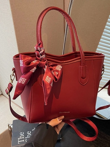 Borsa Tote da Donna in Pelle PU Grande Capacità Bordeaux Semplice Moda Tracolla con Sciarpa Decorativa per Pendolarismo