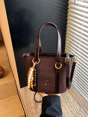 Vintage Suede PU Leather Leopard Print Bucket Bag Women Retro Matte Handbag With Wood Bead Charm Tassel Crossbody Bag