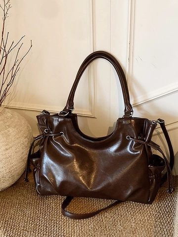 Borsa Tote Vintage in Pelle PU da Donna Grande Capacità Con Coulisse Borsa a Spalla Sottobraccio Moda Retro Pendolare