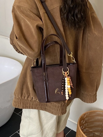 Vintage Suede PU Leather Leopard Print Bucket Bag Women Retro Matte Handbag With Wood Bead Charm Tassel Crossbody Bag