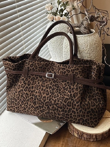 Bolso Tote de PU con Estampado de Leopardo para Mujer Gran Capacidad Textura de Gamuza Vintage Bolso de Hombro Minimalista