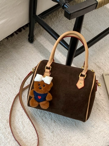 Women Retro Frosted PU Leather Boston Bag Minimalist Crossbody Handbag With Bear Pendant Small Pillow Bag For Daily Commute