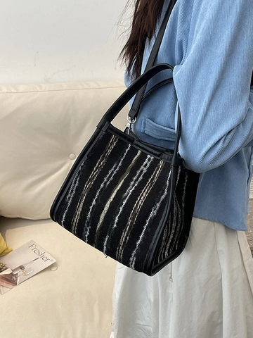 Women Woven Striped Bucket Bag Synthetic Leather Patchwork Small Handbag Crossbody Shoulder Bag Casual Contrast Color Bag