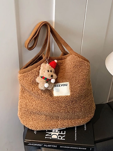 Borsa Tote da Donna in Lana d'Agnello di Grande Capacità Casual Autunno Inverno Peluche Borsa a Tracolla con Ciondolo a Forma di Orso