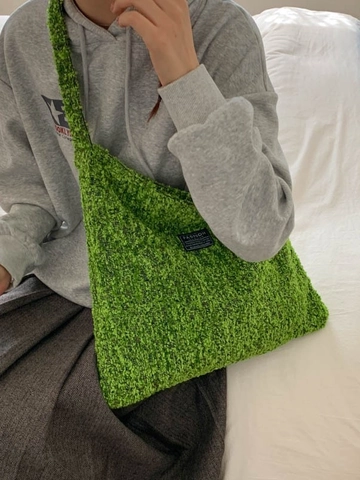 Dames Grote Capaciteit Onderarmtas Mode Effen Groen Gestructureerd Bouclé Fleece Schoudertas Met Letter Patch Voor Dagelijks