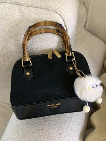 Sac Bandoulière Coquille Femme Mode Patchwork Cuir PU Suède Sac à Main Avec Poignée en Bambou Naturel Vintage Chic Sac Épaule