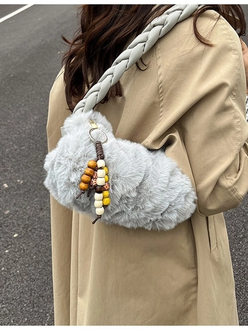 Borsa a Tracolla in Peluche Donna Manico Intrecciato Borsa in Pelliccia Sintetica Con Ciondolo Perline Borsa Dumpling Morbida