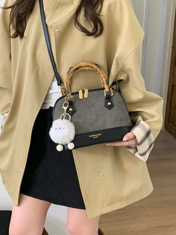 Sac Bandoulière Coquille Femme Mode Patchwork Cuir PU Suède Sac à Main Avec Poignée en Bambou Naturel Vintage Chic Sac Épaule
