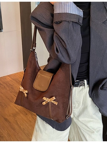 Vintage Women PU Leather Shoulder Bag Large Capacity Hobo Bag With Leopard Bow Adjustable Strap Casual Crossbody Bag Fashion Backpack