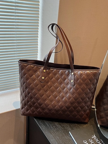 Borsa Tote Trapuntata in Pelle PU da Donna Grande Capacità Tracolla con Motivo a Rombi Pendolare Ufficio Moda