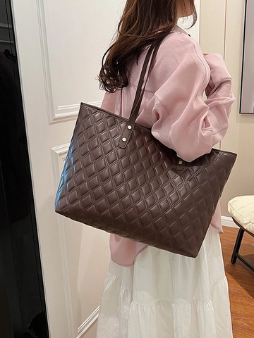 Borsa Tote Trapuntata in Pelle PU da Donna Grande Capacità Tracolla con Motivo a Rombi Pendolare Ufficio Moda