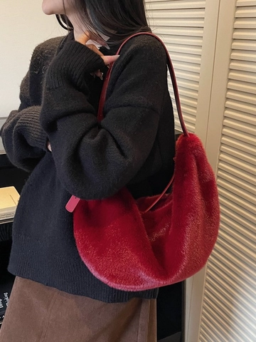 Fashion Women Plush Hobo Bag Soft Faux Fur Underarm Shoulder Bag Winter Warm Commuter Dumpling Purse For Daily Shopping