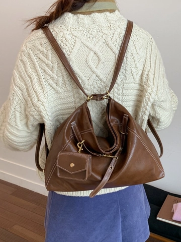 Vintage Large Capacity PU Leather Tote Bag For Women Retro Contrast Stitching Shoulder Bag With Mini Pouch Casual Handbag