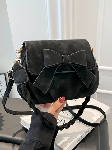 Vintage Bow Decoration Shoulder Bag For Women Suede Feel PU Leather Crossbody Bag Small Square Handbag With Woven Strap