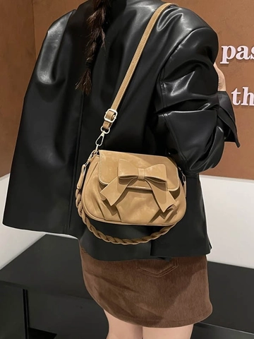 Vintage Bow Decoration Shoulder Bag For Women Suede Feel PU Leather Crossbody Bag Small Square Handbag With Woven Strap