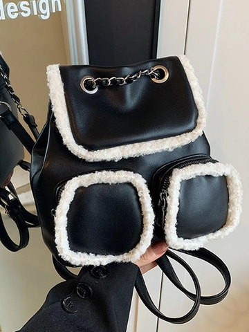 Sac à Dos Femme en Cuir PU Vintage Avec Bordure en Peluche Décoration de Chaîne en Métal Casual Mode Automne Hiver Peluche