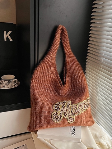 Damen Große Kapazität Strick Tote Bag Leopardenmuster Mama Buchstaben Applikation Plüsch Schultertasche Lässige Hobo Bucket Bag Mode