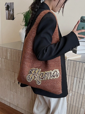 Damen Große Kapazität Strick Tote Bag Leopardenmuster Mama Buchstaben Applikation Plüsch Schultertasche Lässige Hobo Bucket Bag Mode