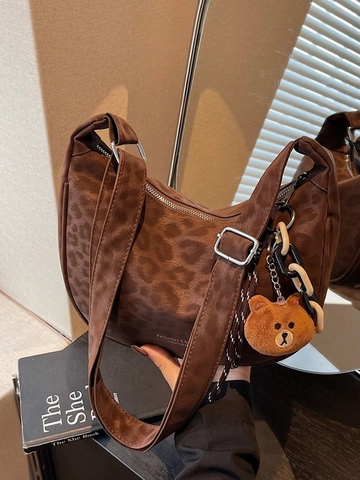 Retro Leopardenmuster Hobo Tasche Für Frauen Kunstleder Achsel Umhängetasche Mit Teddybär Anhänger Mode Umhängetasche