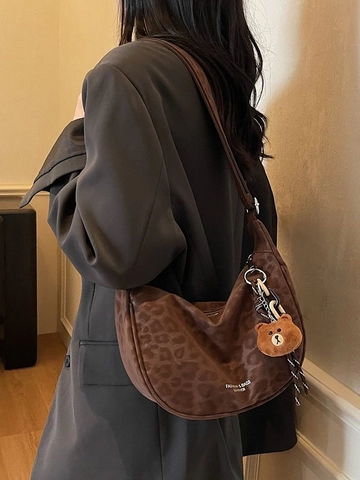 Retro Leopardenmuster Hobo Tasche Für Frauen Kunstleder Achsel Umhängetasche Mit Teddybär Anhänger Mode Umhängetasche