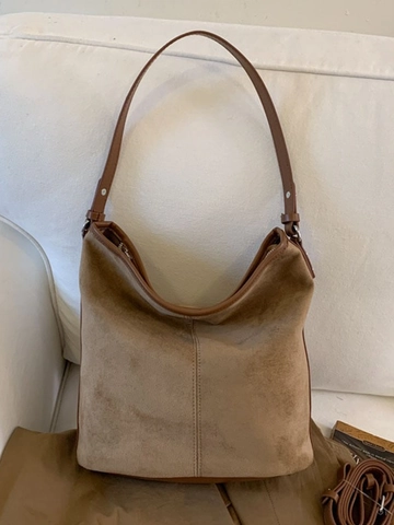 Bolso Bombonera de Gran Capacidad PU Efecto Ante para Mujer Vintage Conmutar Bandoulière Correa Ajustable Color Sólido