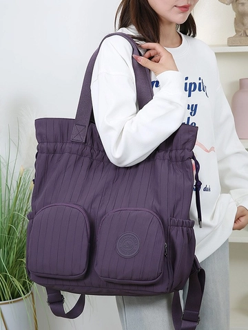 Waterproof Nylon Pleated Drawstring Backpack For Women Large Capacity Two-Way Tote Shoulder Bag Casual Travel Commute Bag