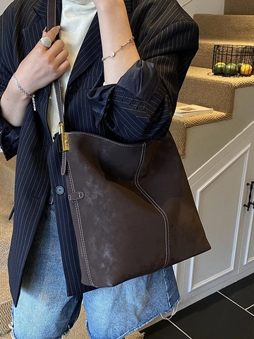 Borsa a Secchiello in Pelle PU di Grande Capacità Donna Cuciture a Contrasto Retro Minimalista Tracolla Casual Hobo Borsa