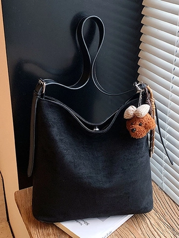 Retro Large Capacity Women PU Suede Tote Bag Korean Fashion Commuter Shoulder Bag With Plush Bear Pendant Frosted Hobo Bag