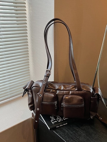 Bolso de Axila Vintage con Múltiples Bolsillos para Mujer Cuero PU Estilo Cargo Niche Alta Gama Bolso de Hombro