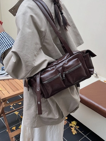 Bolso de Axila Vintage con Múltiples Bolsillos para Mujer Cuero PU Estilo Cargo Niche Alta Gama Bolso de Hombro