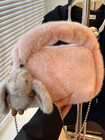 Borsa a Tracolla in Ecopelliccia da Donna Con Ciondolo Coniglio in Peluche Catena in Metallo Grande Capacità Autunno Inverno Borsa Morbida