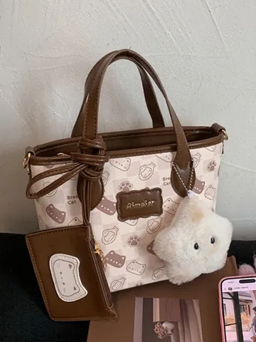 Borsa a Secchiello in Pelle PU Con Stampa Gatto Cartone Animato Per Donna Borsa a Tracolla Carina Borsa Sottobraccio Casual a Grande Capacità Con Pendente