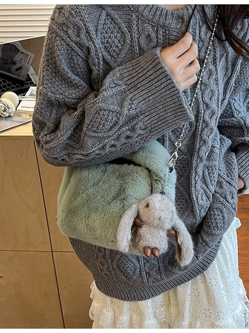 Borsa a Tracolla in Ecopelliccia da Donna Con Ciondolo Coniglio in Peluche Catena in Metallo Grande Capacità Autunno Inverno Borsa Morbida