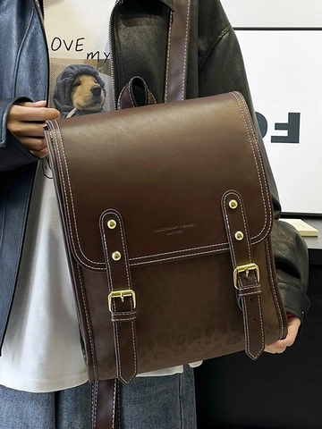 Sac à Dos en Cuir PU Rétro pour Femmes Grande Capacité Style Preppy Sac d'École Britannique Avec Surpiqûres Contrastées