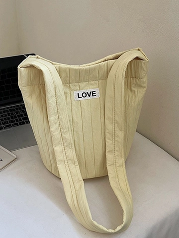 Damen Retro Plissiert Gesteppt Tote Bag Große Kapazität Umhängetasche Japanischer Stil Stoff Schultertasche Mit LOVE Aufnäher