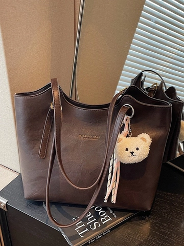 Bolso Tote de Cuero PU de Gran Capacidad para Mujer Bolso de Hombro Vintage con Colgante de Felpa de Oso Color Sólido Bolso de Compras para Oficina