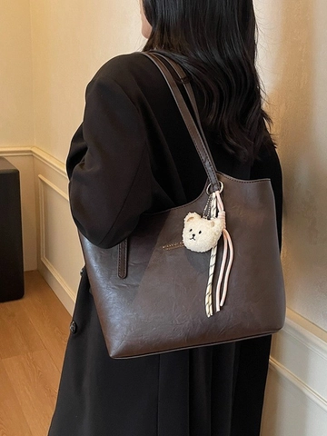 Bolso Tote de Cuero PU de Gran Capacidad para Mujer Bolso de Hombro Vintage con Colgante de Felpa de Oso Color Sólido Bolso de Compras para Oficina