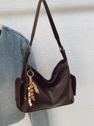 Bolso de Hombro de Cuero PU Vintage para Mujer Bolso Hobo Retro Con Colgante de Cuentas Gran Capacidad Bolso de Axila Mano