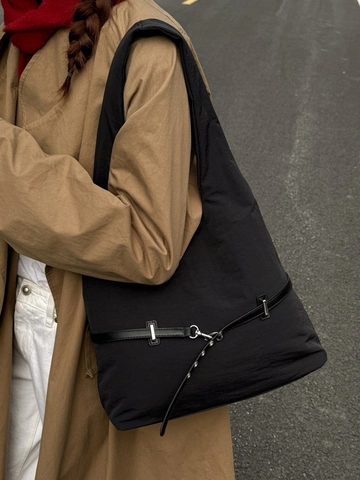 Minimalist Large Nylon Tote Bag For Women Grommet Belt Decoration Shoulder Bag Korean Versatile Daily Commuting Handbag