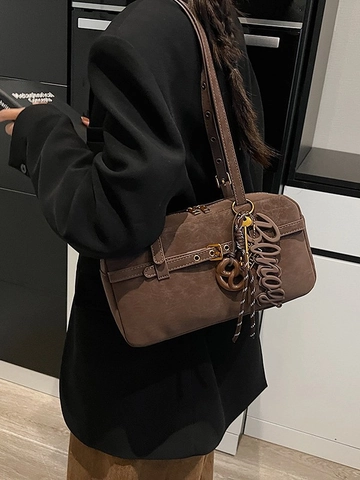 Women Retro PU Leather Underarm Bag Large Capacity Soft Pillow Shoulder Bag With Charming Decoration Commuter Handbag