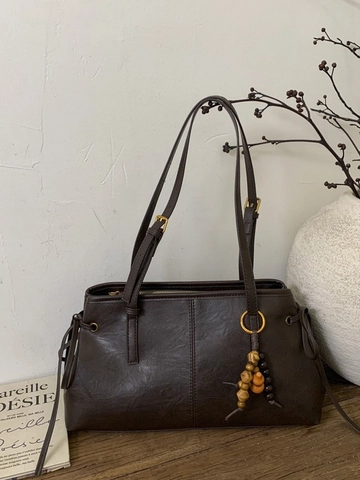 Retro PU Leather Underarm Bag Large Capacity Tote With Vintage Wood Bead Gourd Charm Adjustable Strap For Women Daily Commute