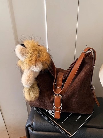 Borsa a Secchiello Retrò Grande Capacità Trama Intrecciata Donna Pelle PU Scamosciata Hobo Borsa a Tracolla Con Pendente Leone