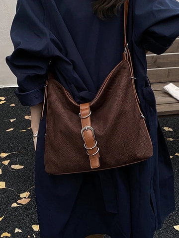 Borsa a Secchiello Retrò Grande Capacità Trama Intrecciata Donna Pelle PU Scamosciata Hobo Borsa a Tracolla Con Pendente Leone