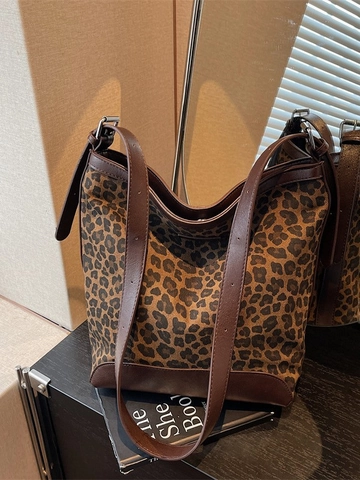 Sac Seau Imprimé Léopard Femme Grande Capacité Velours Cuir Synthétique Sac à Épaule Vintage Mode Bandoulière Réglable