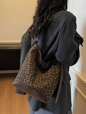 Sac Seau Imprimé Léopard Femme Grande Capacité Velours Cuir Synthétique Sac à Épaule Vintage Mode Bandoulière Réglable