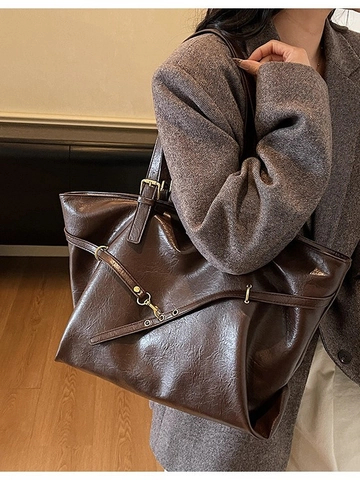Borsa Tote da Donna Vintage in Pelle PU di Grande Capacità Borsa a Tracolla alla Moda Casual Versatile per Ufficio con Fibbia