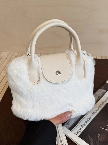 Cute Faux Fur Plush Bucket Bag For Women Urban Minimalist Solid Color Crossbody Handbag With Magnetic Buckle Fall Winter Shoulder Bag
